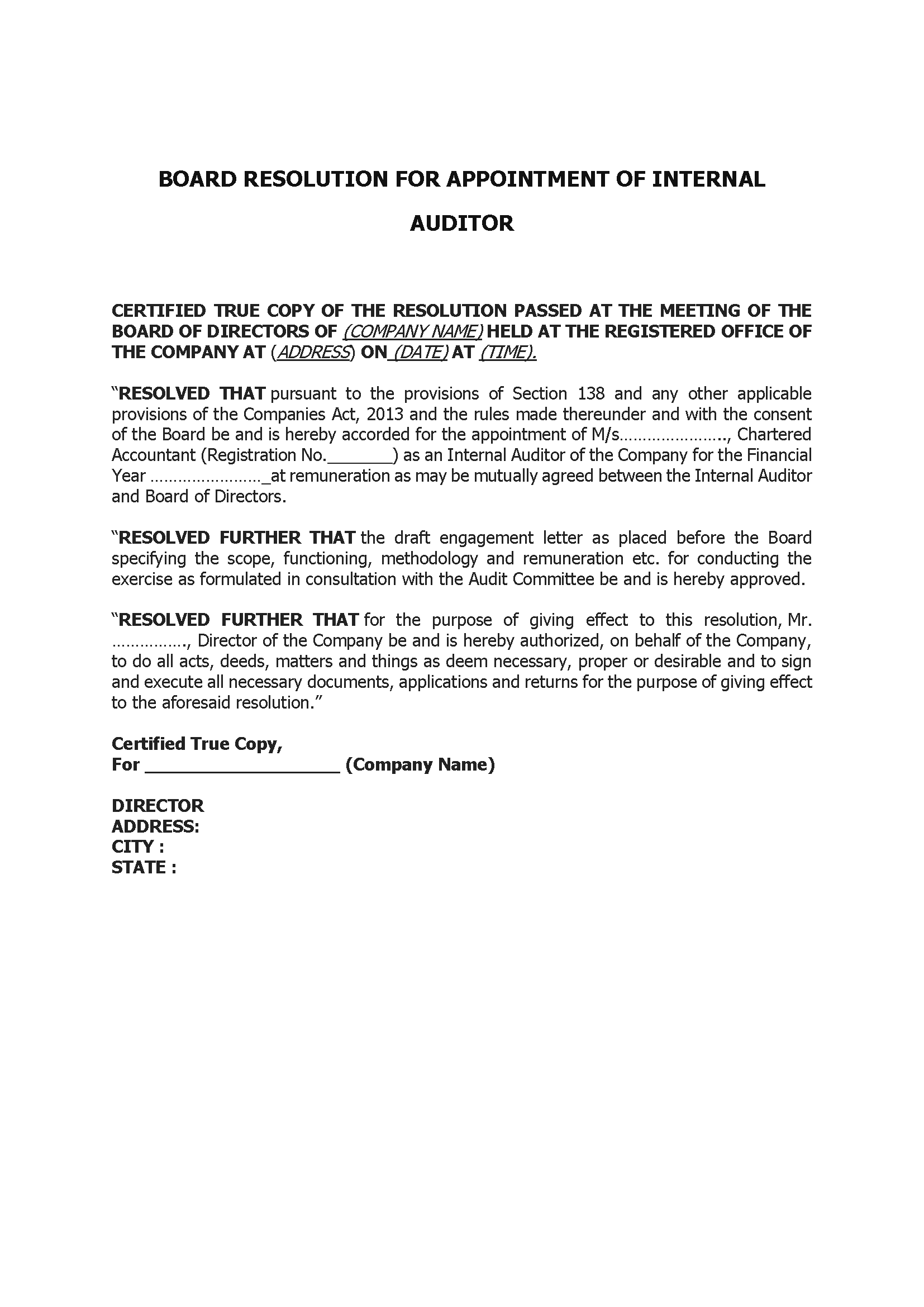 Board Resolution For Appointment Of Internal Auditor